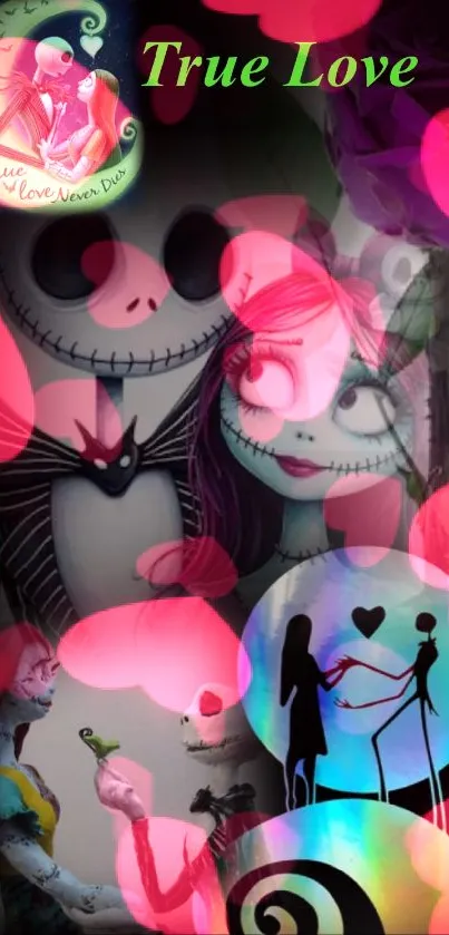 Vibrant animated love-themed wallpaper with cartoon characters embracing.
