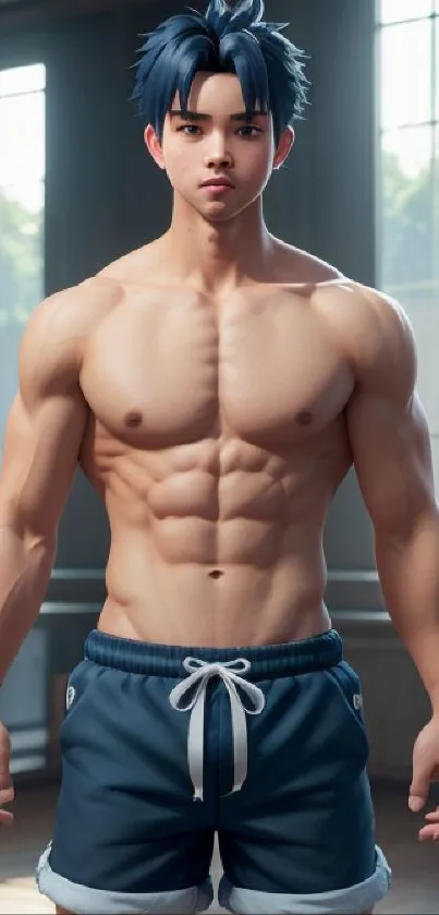 Animated male athlete with a fit physique in blue shorts and a bright setting.