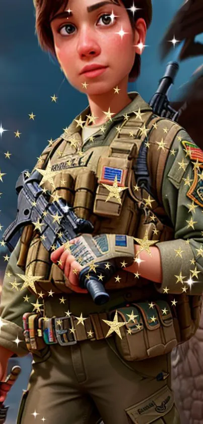 Animated military character wallpaper with vibrant colors.