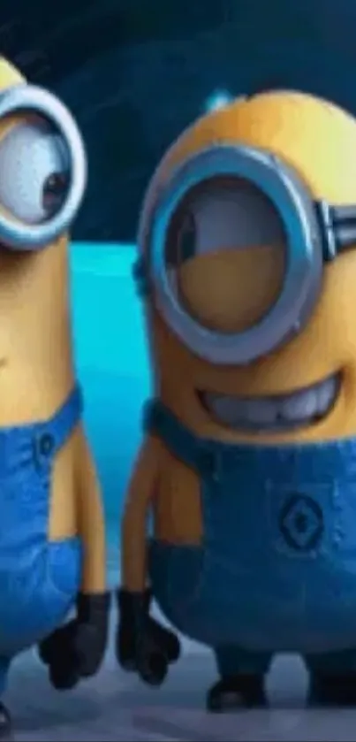 Two animated minions in blue overalls on a colorful mobile wallpaper.