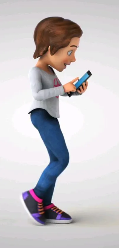 Animated character using a smartphone, colorful wallpaper.