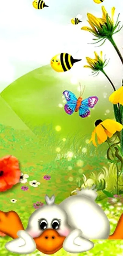 Animated wallpaper with duck, flowers, and nature theme.