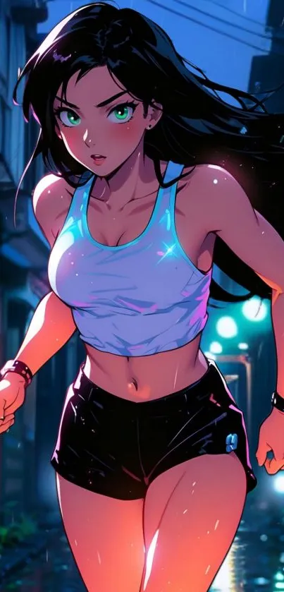 Anime girl running in a vibrant urban setting at night.