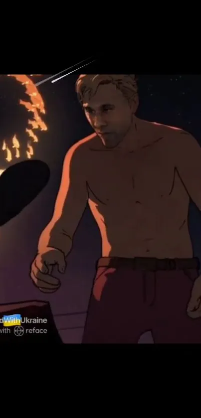 Animated illustration of shirtless man under a starry sky.