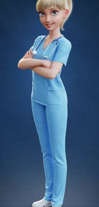 Animated nurse character in blue scrubs with a friendly pose on a blue background.