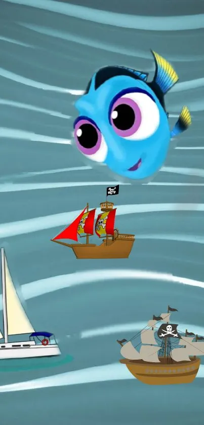 Mobile wallpaper with animated ocean scene featuring a blue fish and pirate ships.