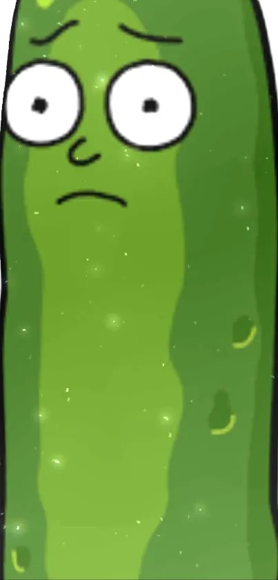 Humorous animated pickle character on a green mobile wallpaper.