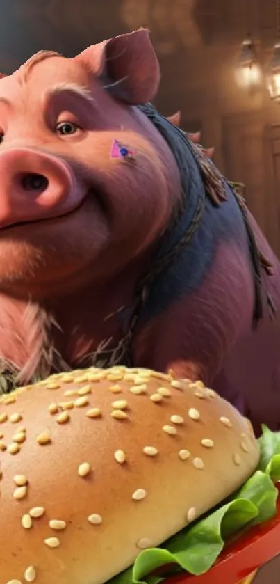 Cute cartoon pig with a burger in a cozy setting.