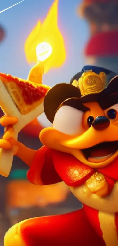 Whimsical animated character with pizza in vibrant colors.