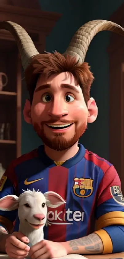 Animated soccer player with goat horns in a cozy room.