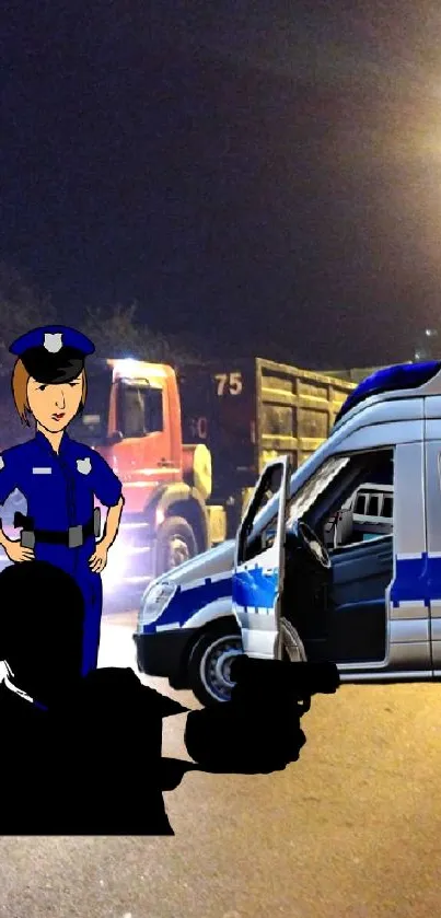 Cartoon police officer and van at night scene.