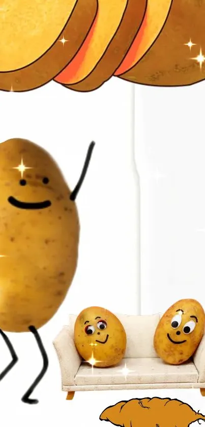 Cute cartoon potatoes having fun in a whimsical setting.