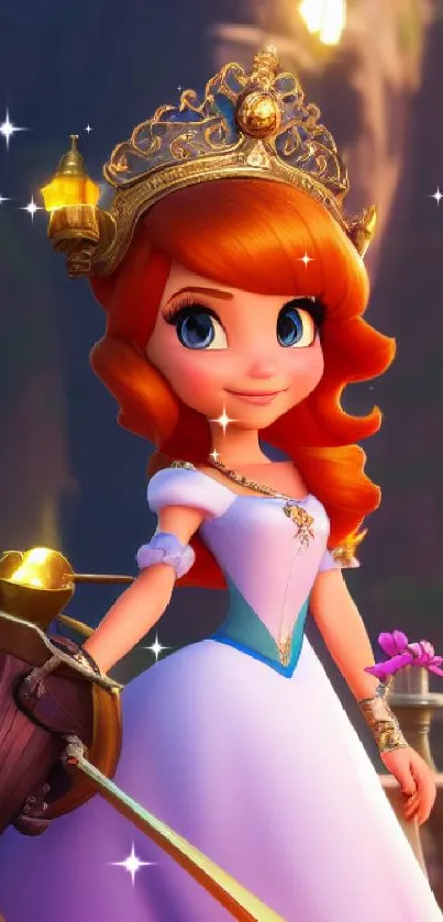 Animated princess with crown in a fantasy castle setting.