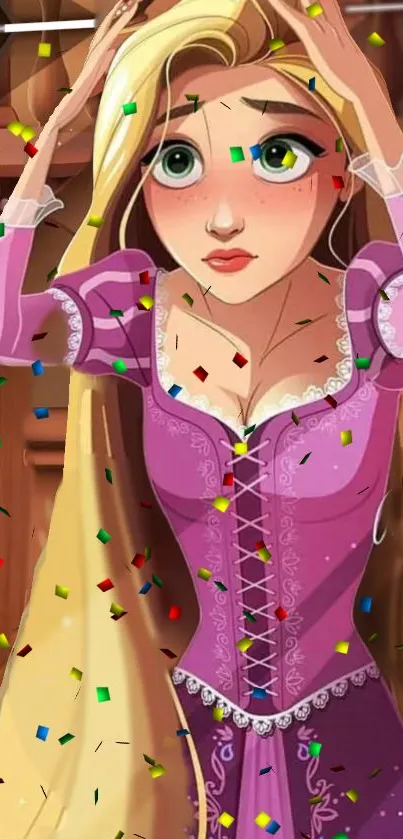 Animated princess in purple gown with confetti on mobile wallpaper.