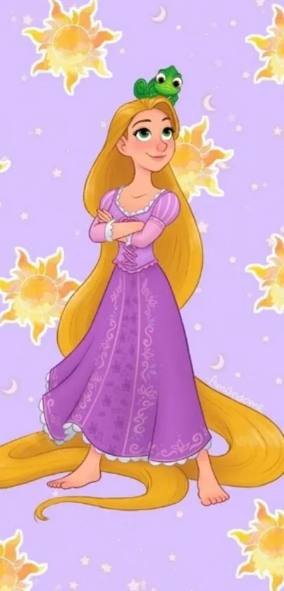 Animated princess with golden hair on lavender background.