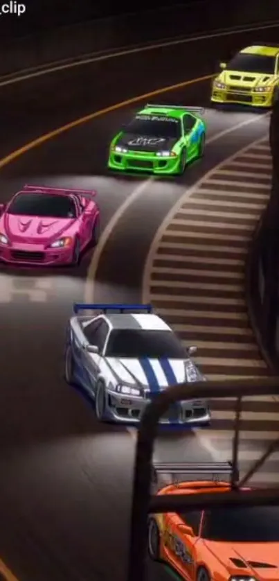 Colorful animated cars racing on a track.