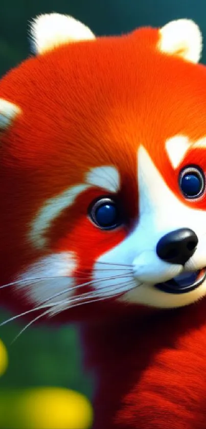 Vibrant animated red panda with cute expression in forest setting.