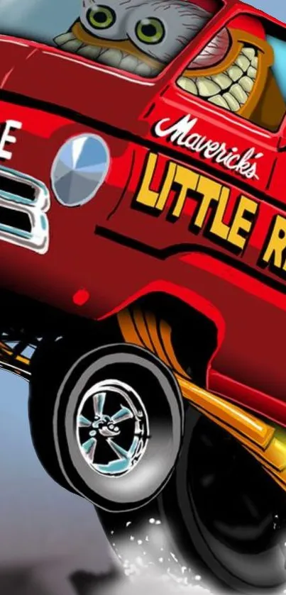 Animated red truck performing a wheelie on a vibrant wallpaper.