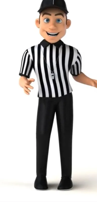 Cartoon referee with black and white stripes in animated style.