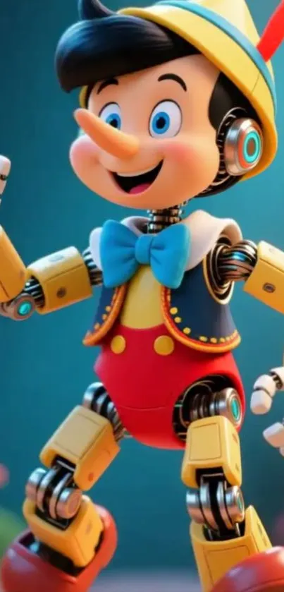 Colorful animated robot puppet with a playful expression.