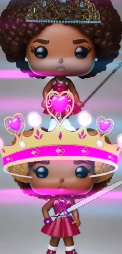 Two animated figures with crowns and pink glow.