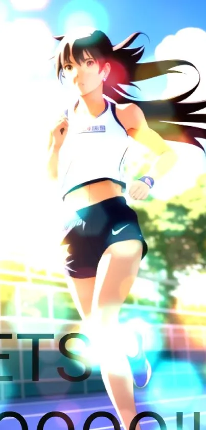 Anime-style runner in a vibrant outdoor scene with sky blue tones.