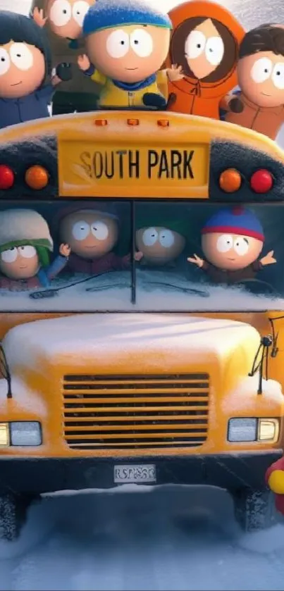 Animated school bus with characters in snow.