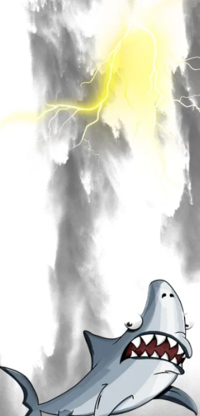 Cartoon shark with thunderstorm and lightning.