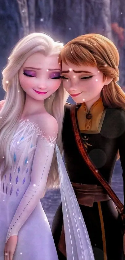 Animated sisters hug in fantasy setting.