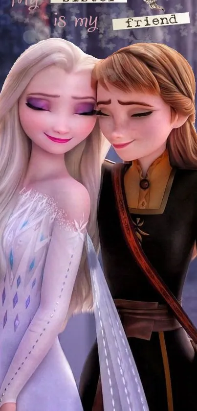 Animated sisters embracing in a heartfelt moment, ideal for mobile wallpaper.