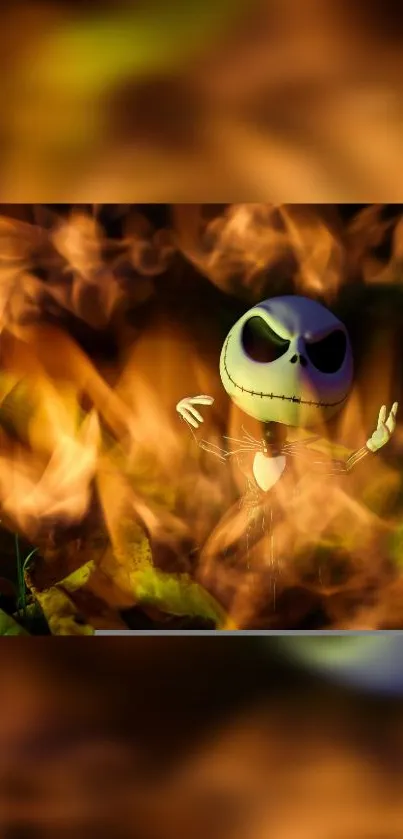 Animated skeleton surrounded by fiery leaves, perfect for Halloween.