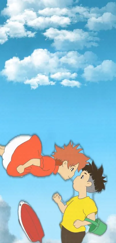 Animated characters floating in a blue sky with clouds.