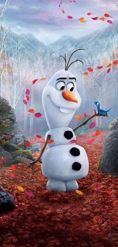 Animated snowman in an autumn forest with red leaves.