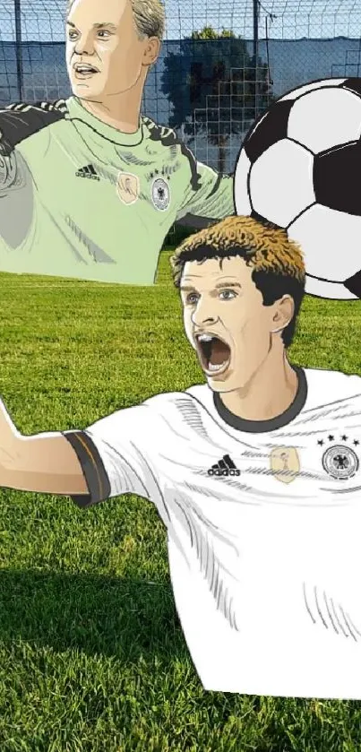 Animated soccer players with ball on vibrant green field background.