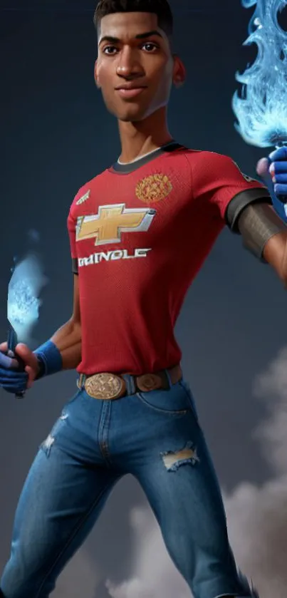 Animated character in red jersey with fiery blue glow wallpaper.