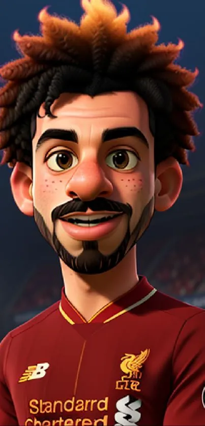 Animated soccer player in red jersey with stadium background.