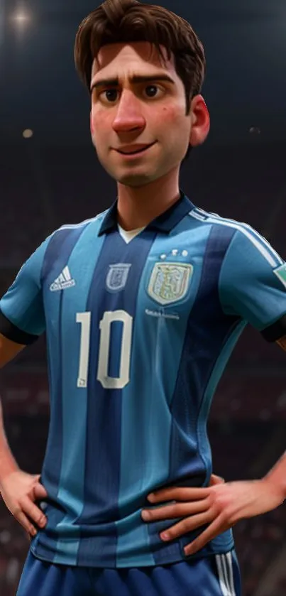 Animated soccer player in blue jersey, hands on hips.