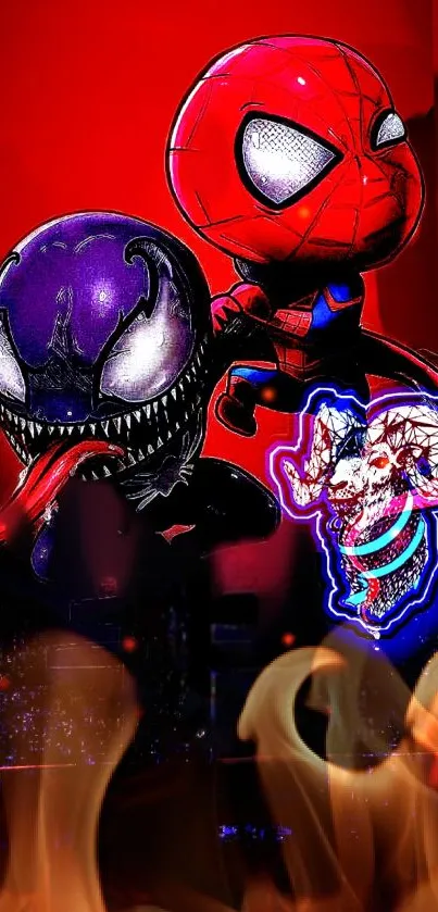 Spider-Man and Venom anime-style wallpaper with fiery red background.