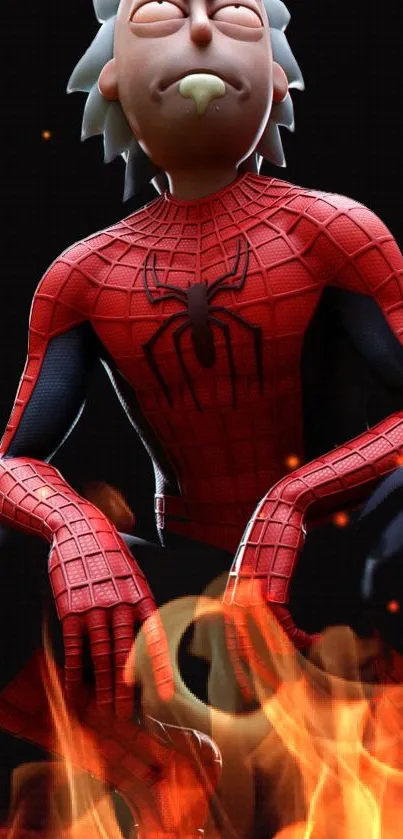 Animated hero in a spider suit with flames vibrant wallpaper.