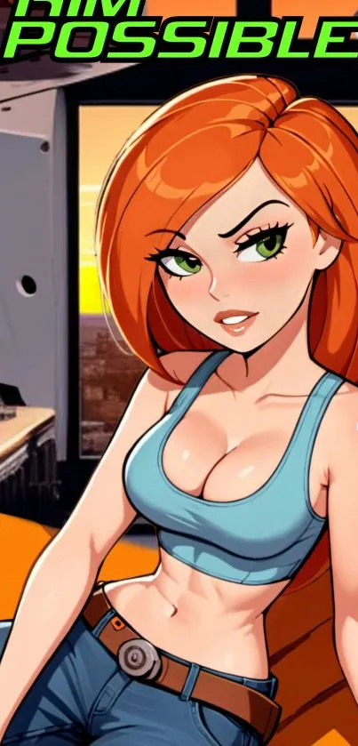 Animated spy girl with orange hair and blue top in a tech-themed room.