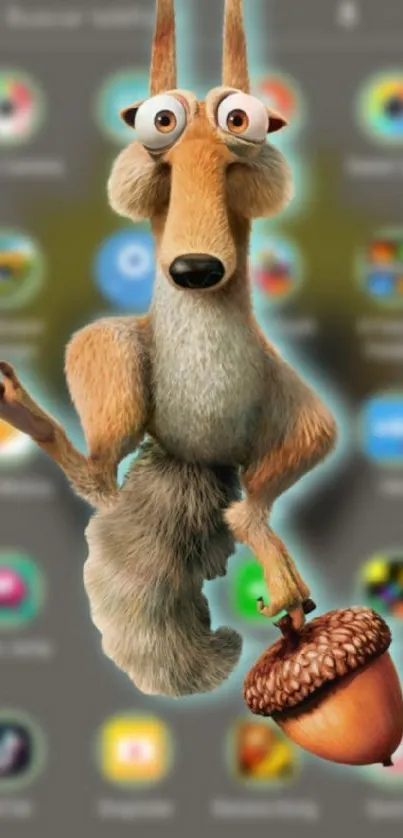 Animated squirrel holding acorn on mobile wallpaper.