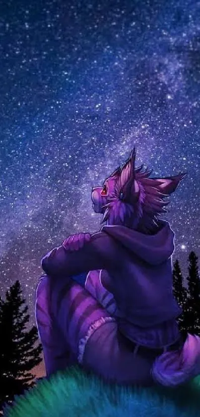 Fox gazing at starry night sky with cosmic hues.