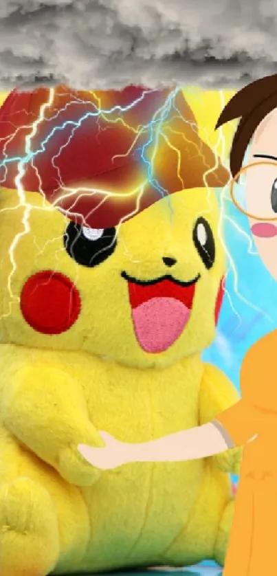 Animated Pikachu with lightning and a colorful map background.