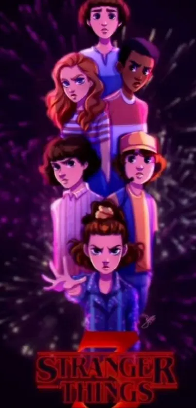 Animated Stranger Things characters with dark fireworks background.