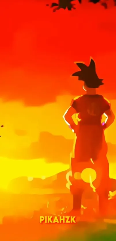 Anime warrior silhouette against a vivid red-orange sunset sky, perfect for mobile.