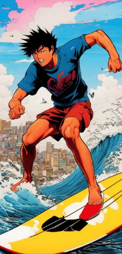 Animated surfer riding a wave with cityscape in background.