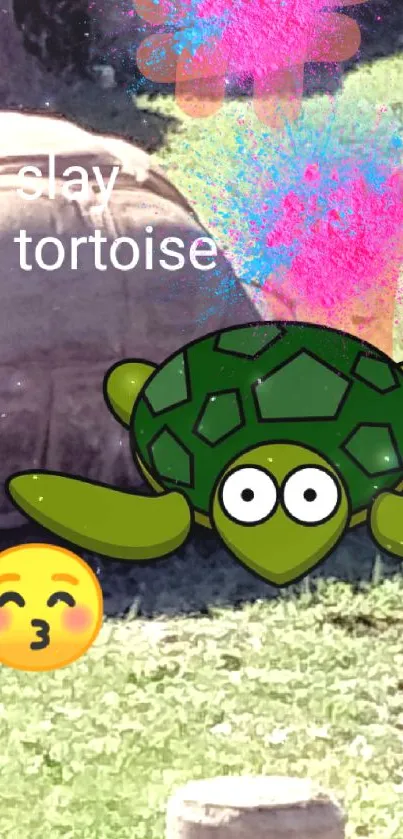 Playful animated tortoise with colorful splash and emoji on green background.