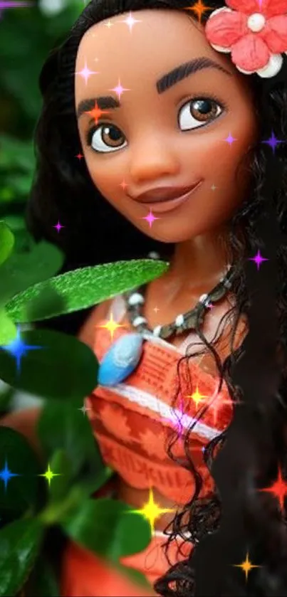 Animated character in tropical setting with lush greenery.