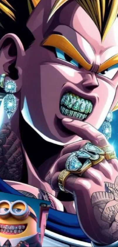 Villain character with tattoos and jewelry in vibrant anime style.