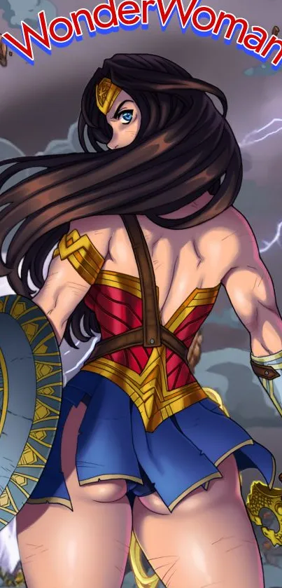 Animated warrior woman with shield amidst lightning.
